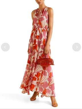 Mango Pink and Red Floral Halter Flowy Summer Maxi Dress Boho S/XS